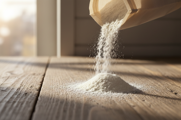 arrowroot powder pouring from a bag onto a wooden countertop