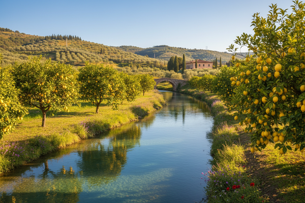 italian countryside with lemon trees next to a river
