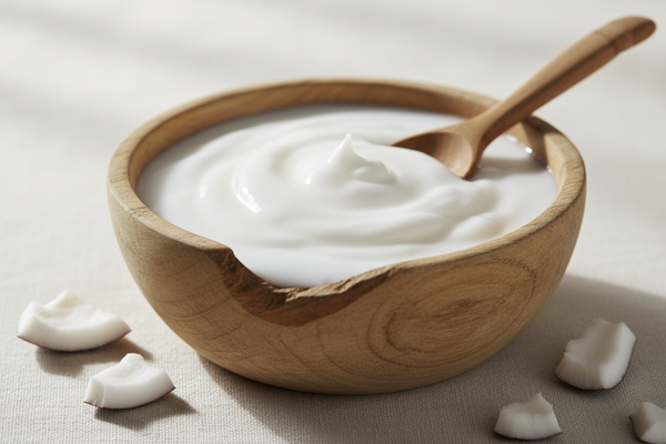 organic coconut oil in a wood bowl